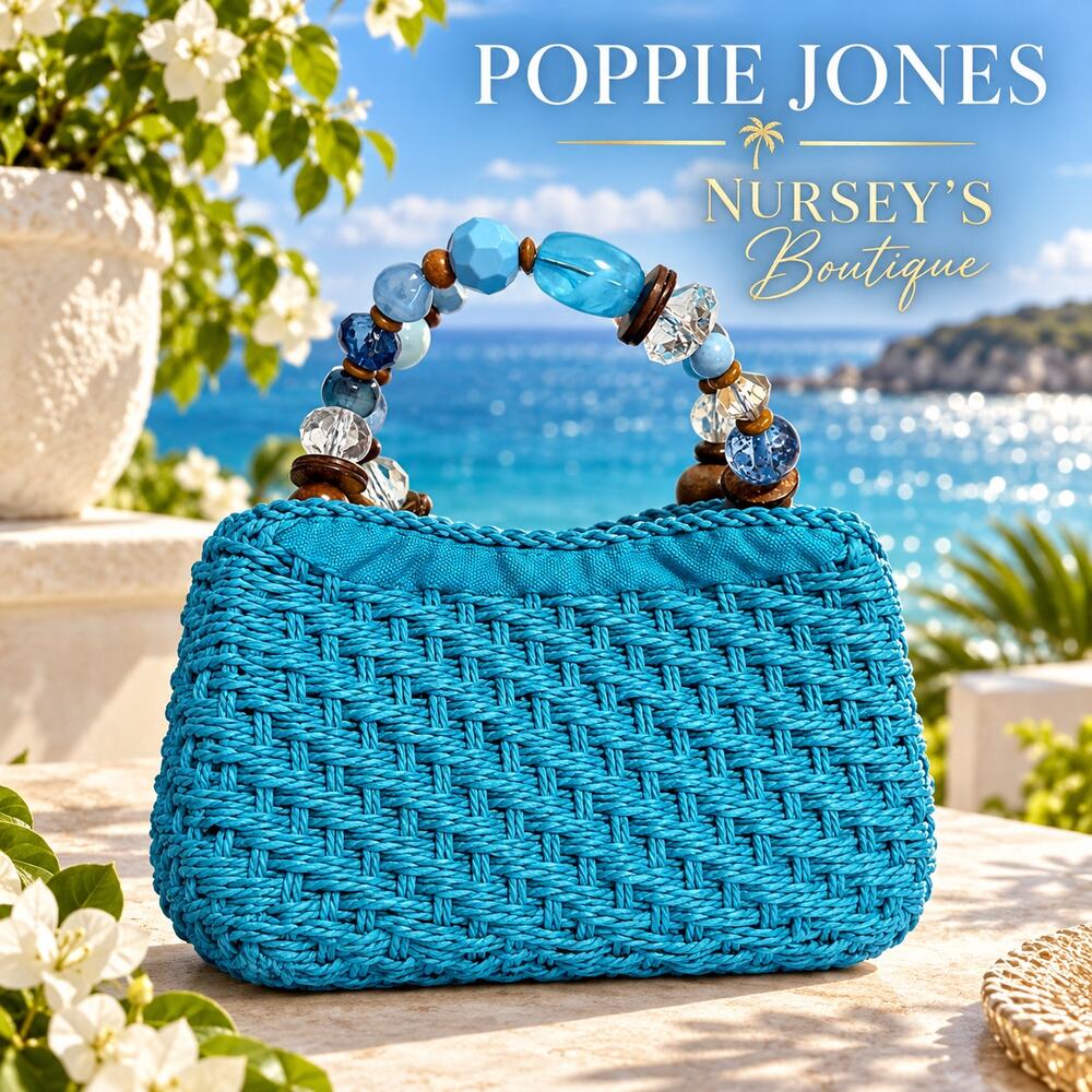 Poppie Jones Turquoise Woven Straw Bag Beaded Handle Boho Y2K Purse